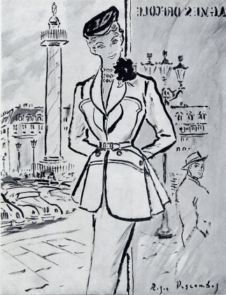 Roger Descombes,  Femme sur la Place Vendôme portant un tailleur par Agnès Drecoll., 1950 - Illustration de Mode d'un mannequin sur La Place Vendôme, « La Femme Chic», 1950